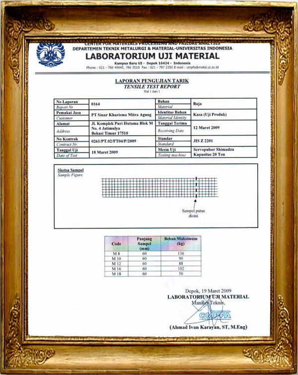 Certificate of Lab. Uji Material University of Indonesia